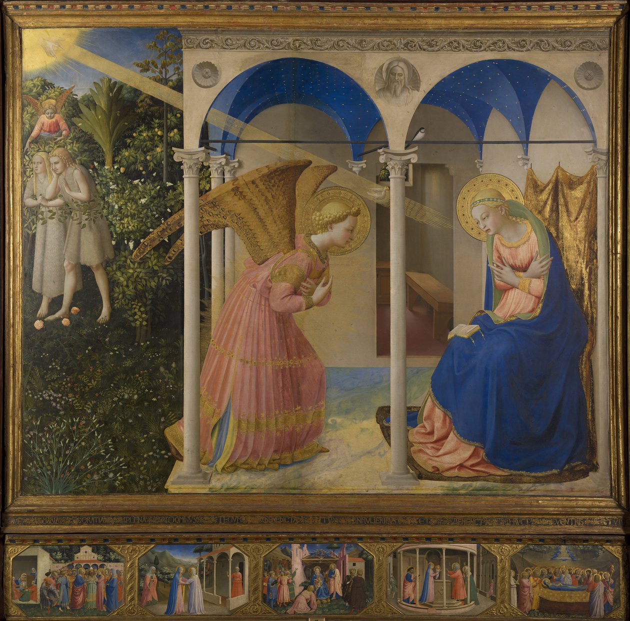 Annunciazione a Maria, altare con 5 pannelli predella della vita di Maria, pannello principale, scena da Fra Angelico