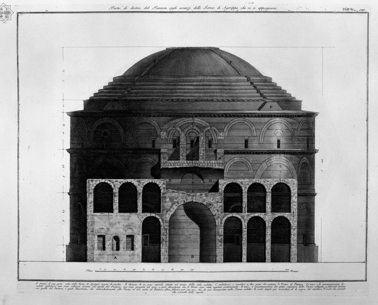 Parte posteriore del Pantheon con i resti delle Terme di Agrippa, che vi si appoggiano da Francesco Piranesi