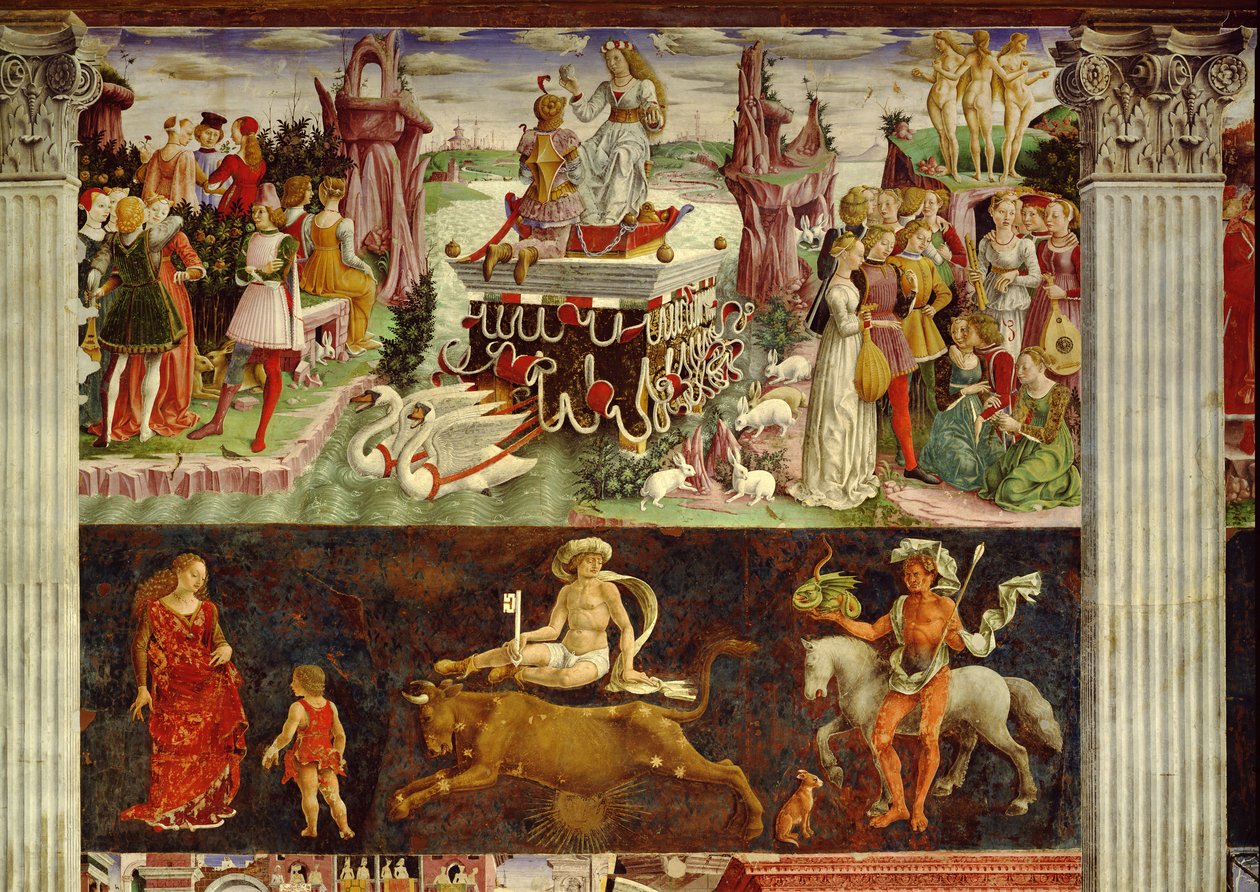 Trionfo di Venere e segno del Toro, scene dal Mese di Aprile, ca 1470, di Francesco del Cossa, affresco, parete est, Sala dei Mesi, Palazzo Schifanoia, Ferrara da Francesco del Cossa