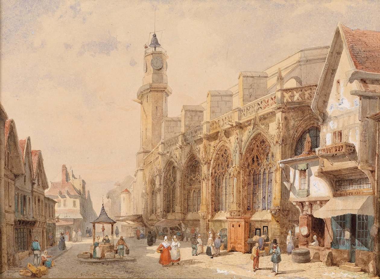 Strada di un villaggio francese con una cattedrale da Francois Etienne Villeret