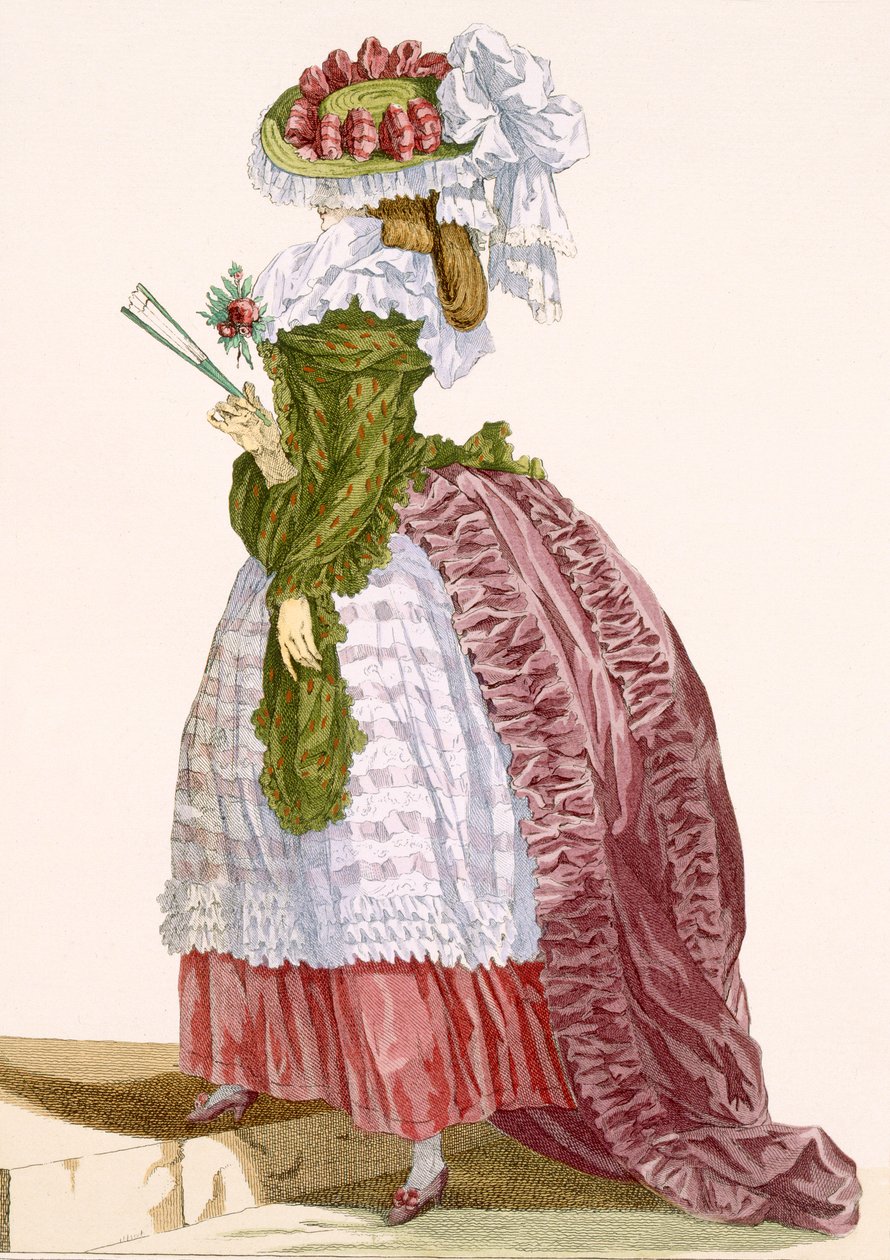 Abito elaborato da donna in bordeaux e verde, inciso da Dupin, tavola n.200 da 