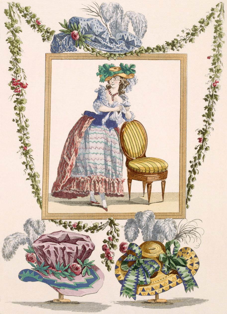 Donna in abito elegante da giorno con cappello, incisione di Duhamel, tavola n.235 da 