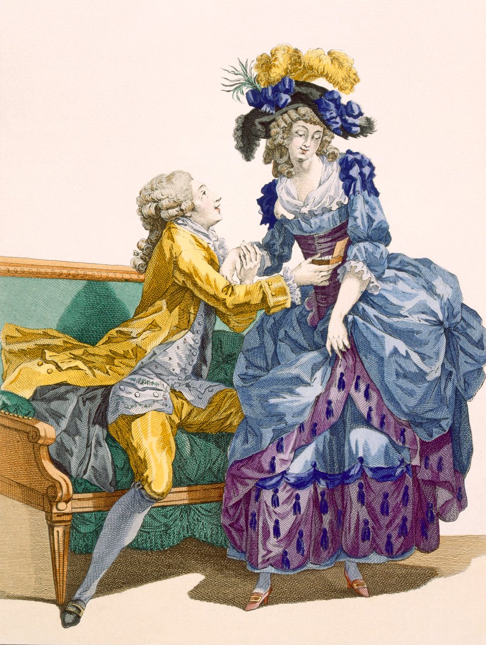 Giovane donna in abito blu elettrico e viola con il suo giovane pretendente, inciso da Dupin, tavola n.206 da 