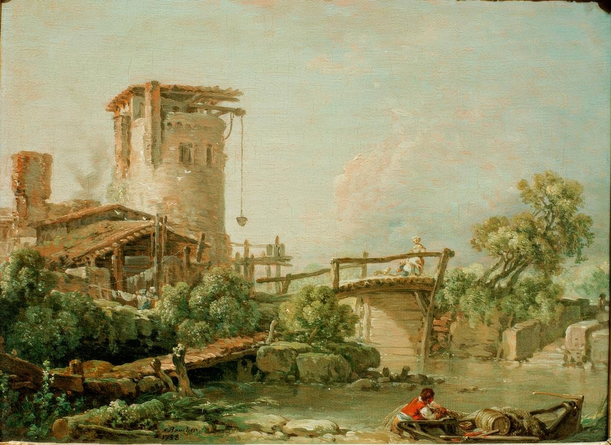 Paesaggio con torre e ponte da François Boucher