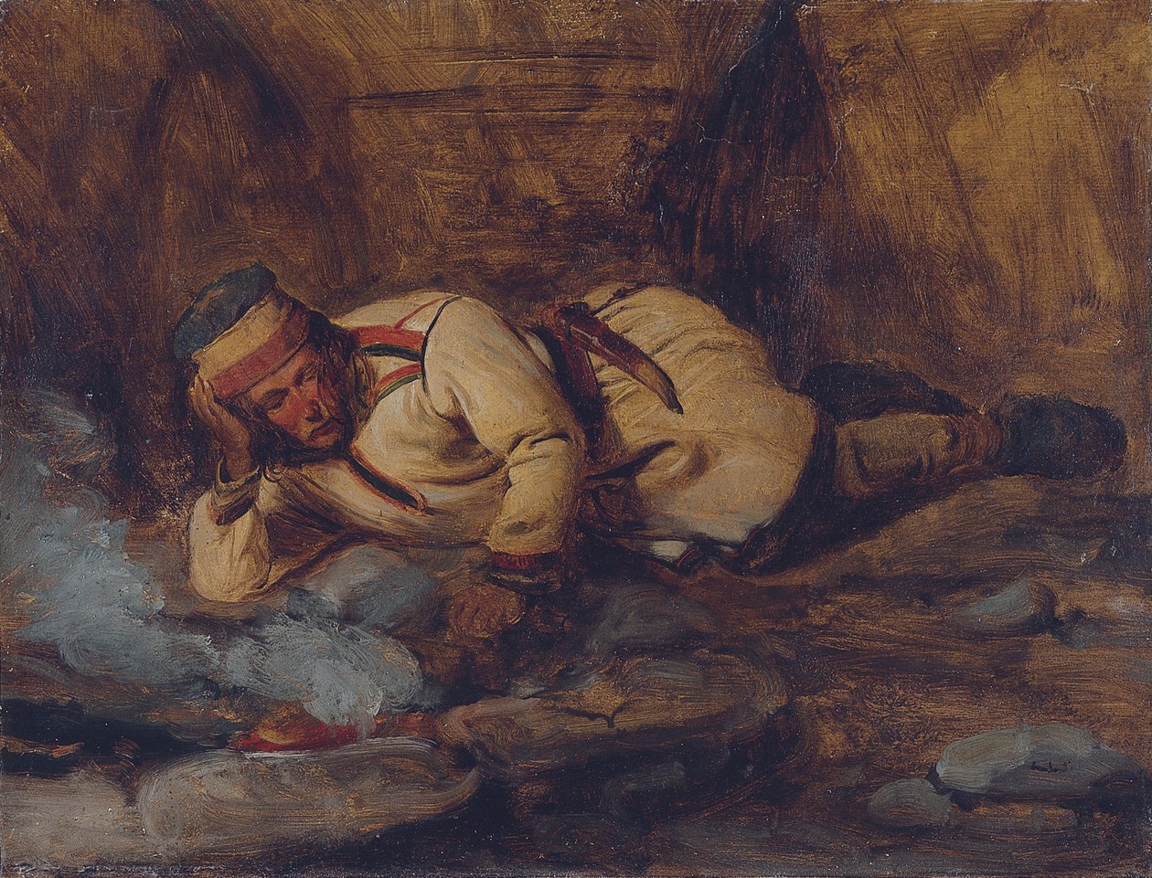 Un lappone che dorme vicino a un fuoco da François Auguste Biard