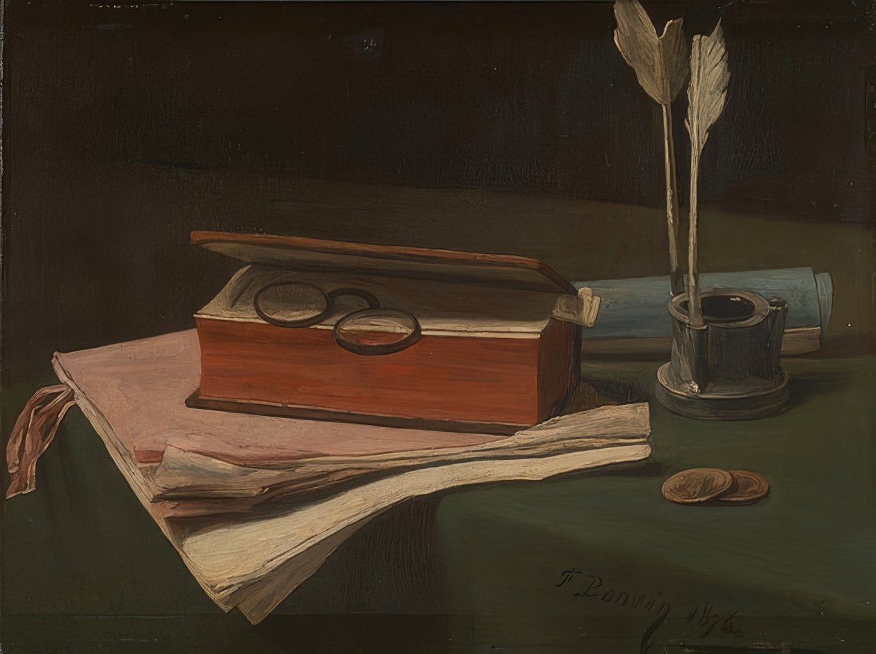 Natura morta con libro, carte e calamaio, 1876 da François Bonvin