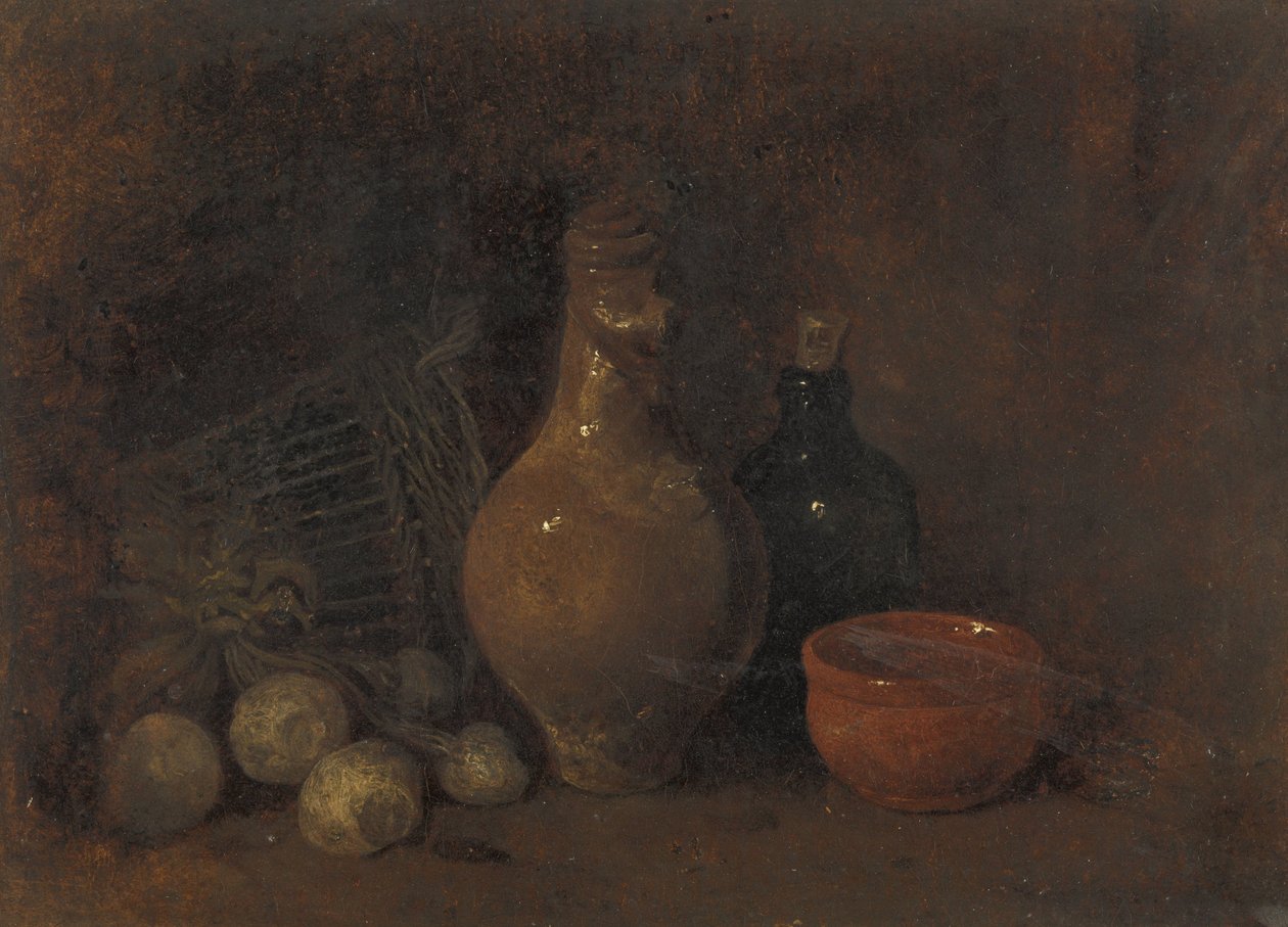 Natura morta con quattro frutti, vetro e ceramica da François Bonvin