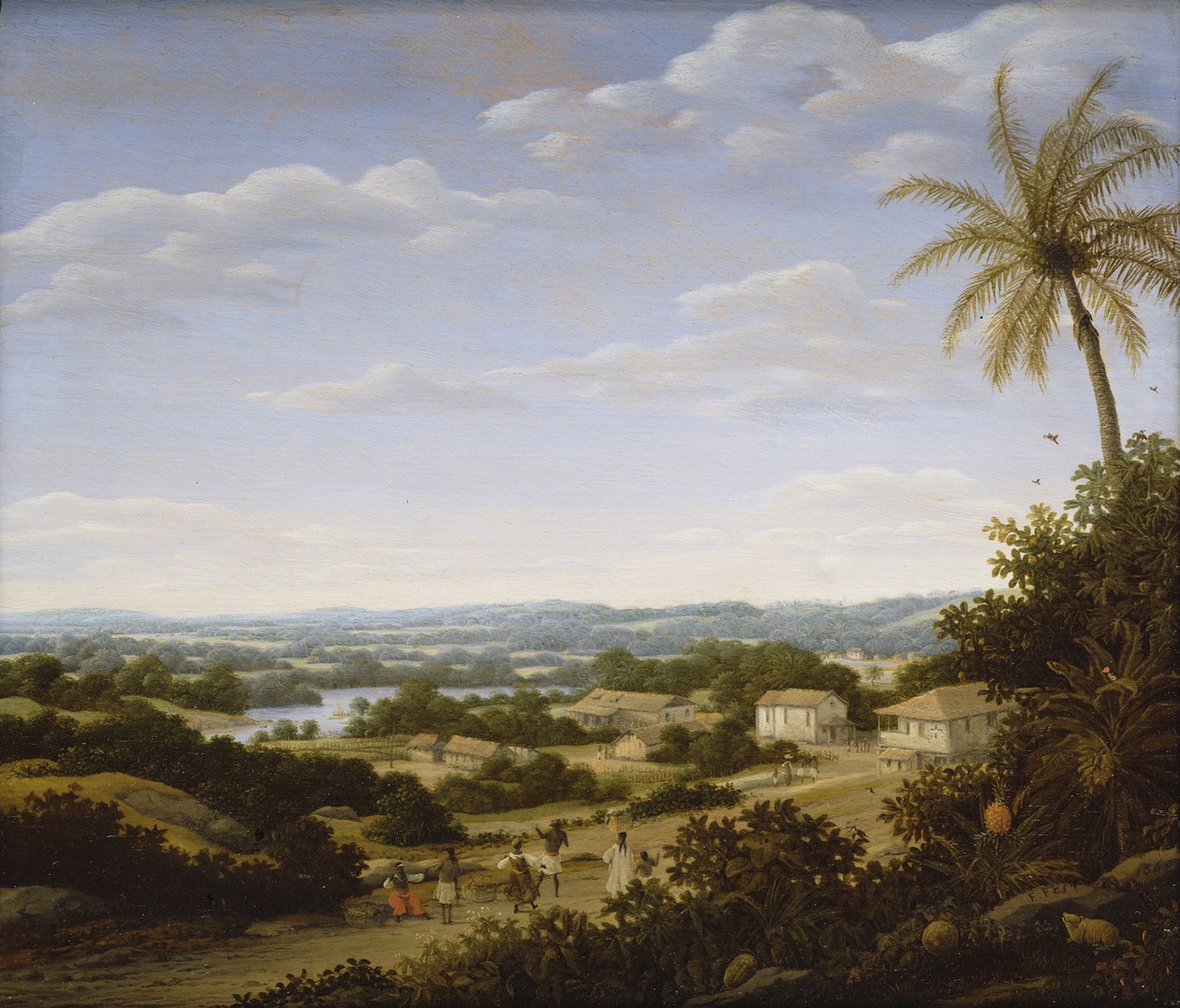 Paesaggio brasiliano con nativi su una strada che si avvicina a un villaggio da Frans Post