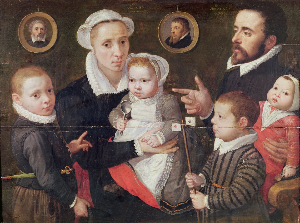 Ritratto di una famiglia: genitori con i loro figli e antenati, 1577 da Frans Menton d