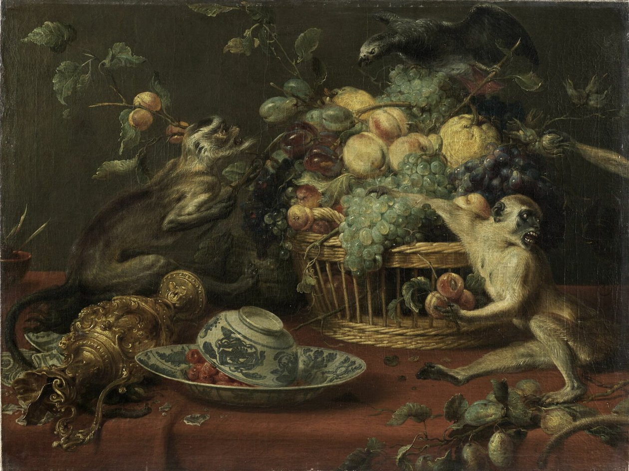 Scimmie e pappagalli vicino a un cesto di frutta da Frans Snyders