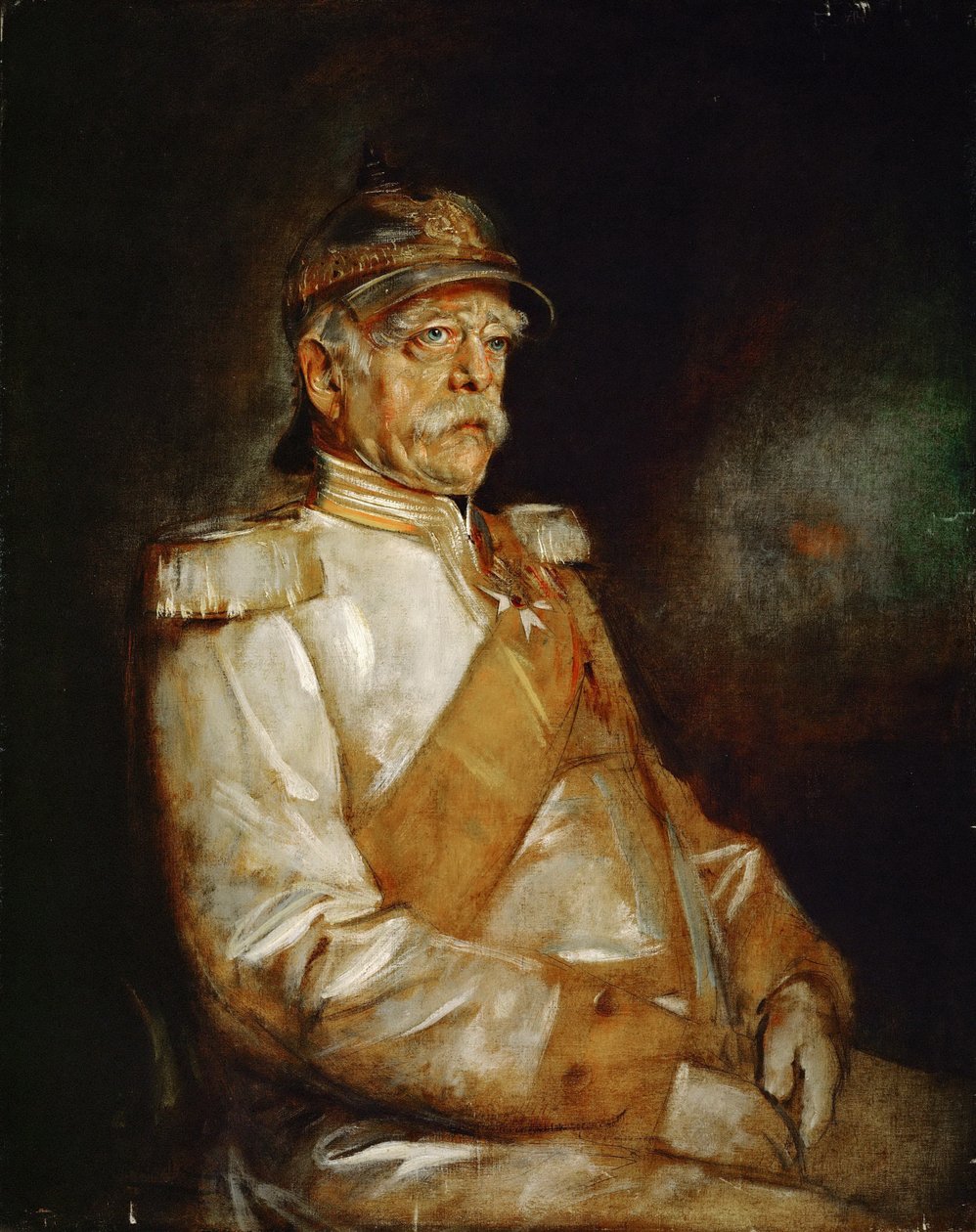 Cancelliere Otto von Bismarck in uniforme con elmo prussiano da Franz von Lenbach
