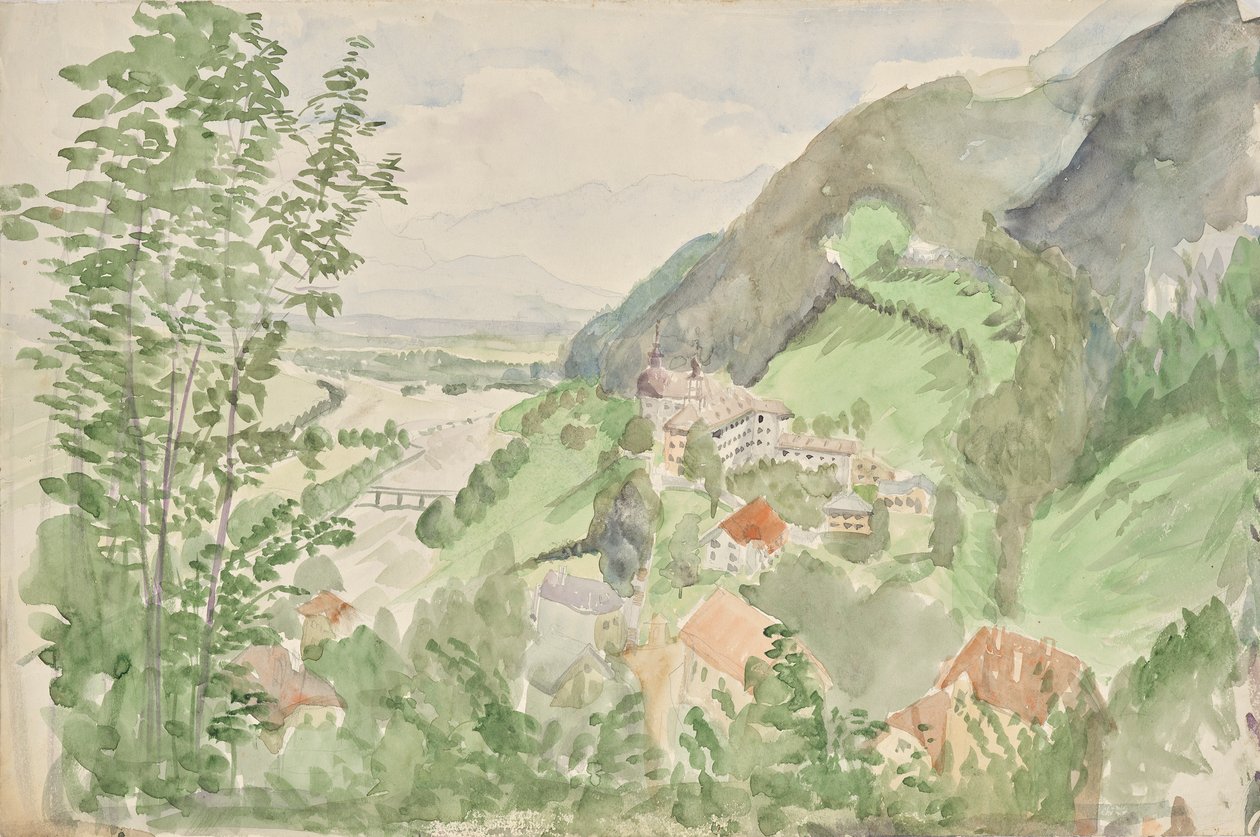 Paesaggio fluviale in montagna con castello da Franz Barwig d. Ä.