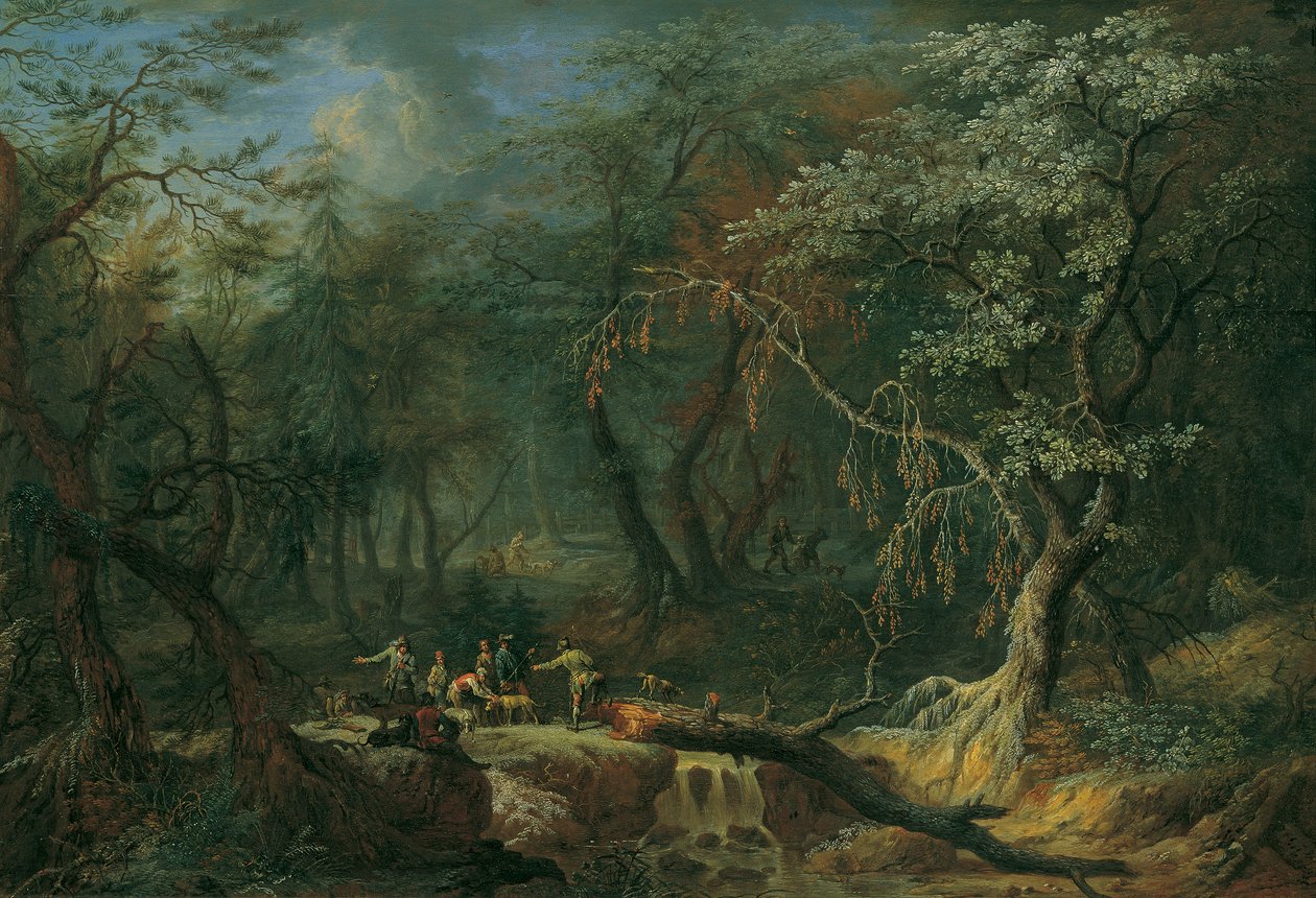 Paesaggio boschivo con albero caduto e cacciatori da Franz Christoph Janneck