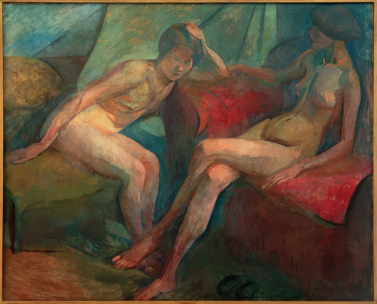 Due nudi su un divano rosso da Franz Nolken