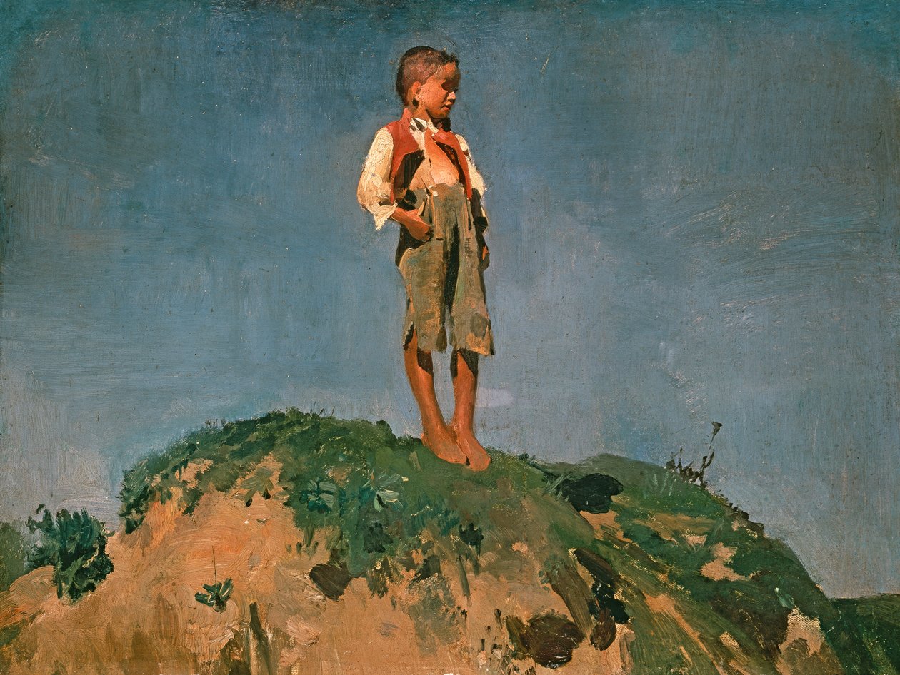 Ragazzo pastore su una collina erbosa da Franz von Lenbach