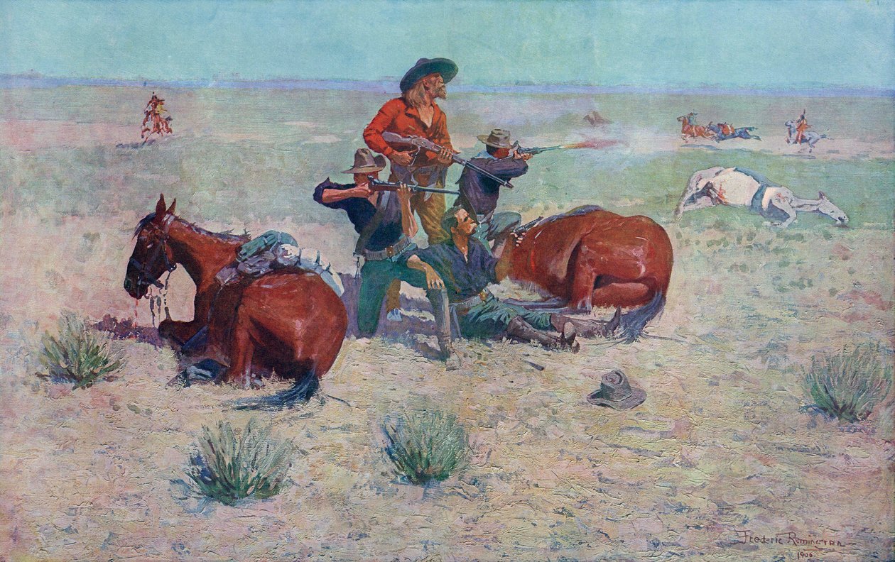 Indiani che attaccano cowboy da Frederic (after) Remington