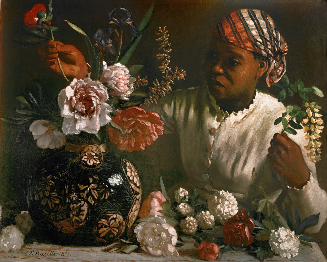Donna nera con peonie... (olio su tela) da Frédéric Bazille