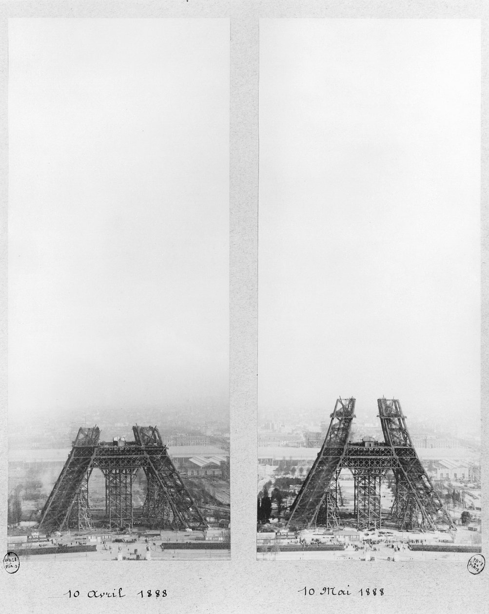 Due vedute della costruzione della Torre Eiffel, Parigi, 10 aprile e 10 maggio 1888 da French Photographer