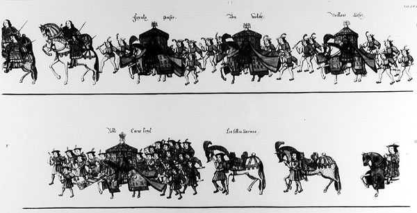 Processione di cavalieri verso una giostra da French School