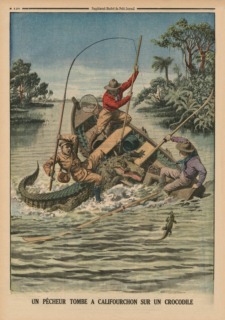 Un pescatore a cavallo di un coccodrillo, illustrazione di copertina posteriore da 