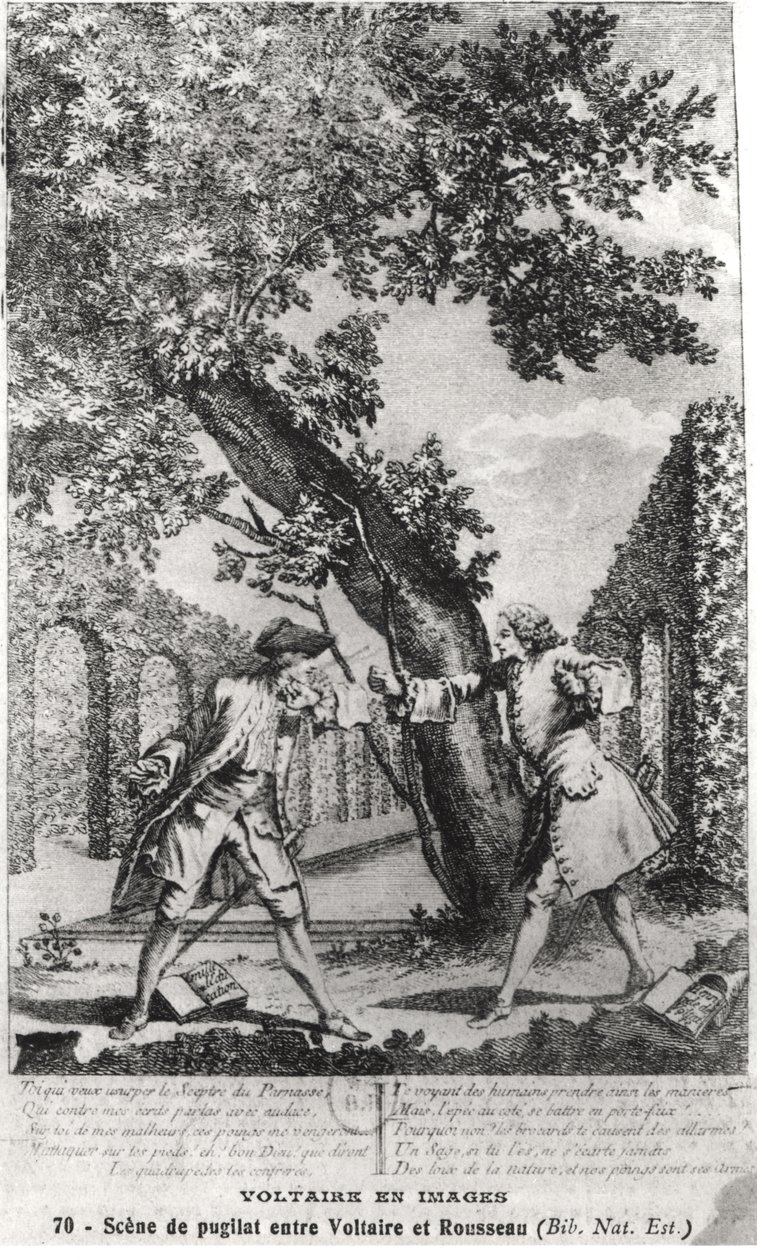 Discussione tra Jean-Jacques Rousseau (1712-78) e Voltaire (1694-1778) da French School