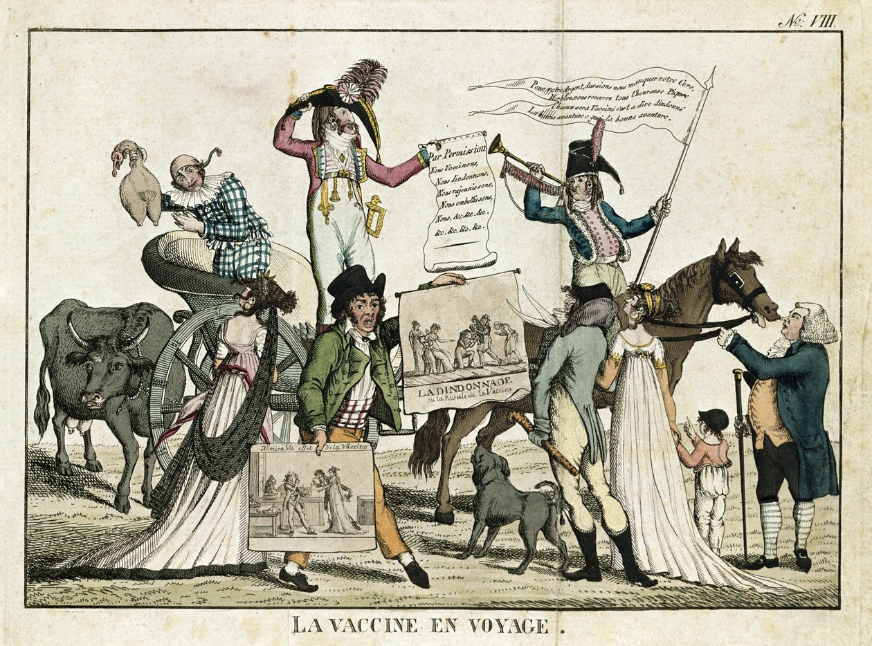 Caricatura che raffigura medici ciarlatani che offrono vaccini da French School