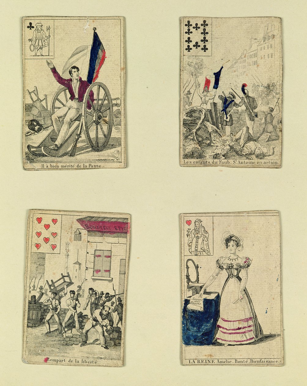 Quattro carte da gioco commemorative degli eroi di luglio 1830, 1831 da French School