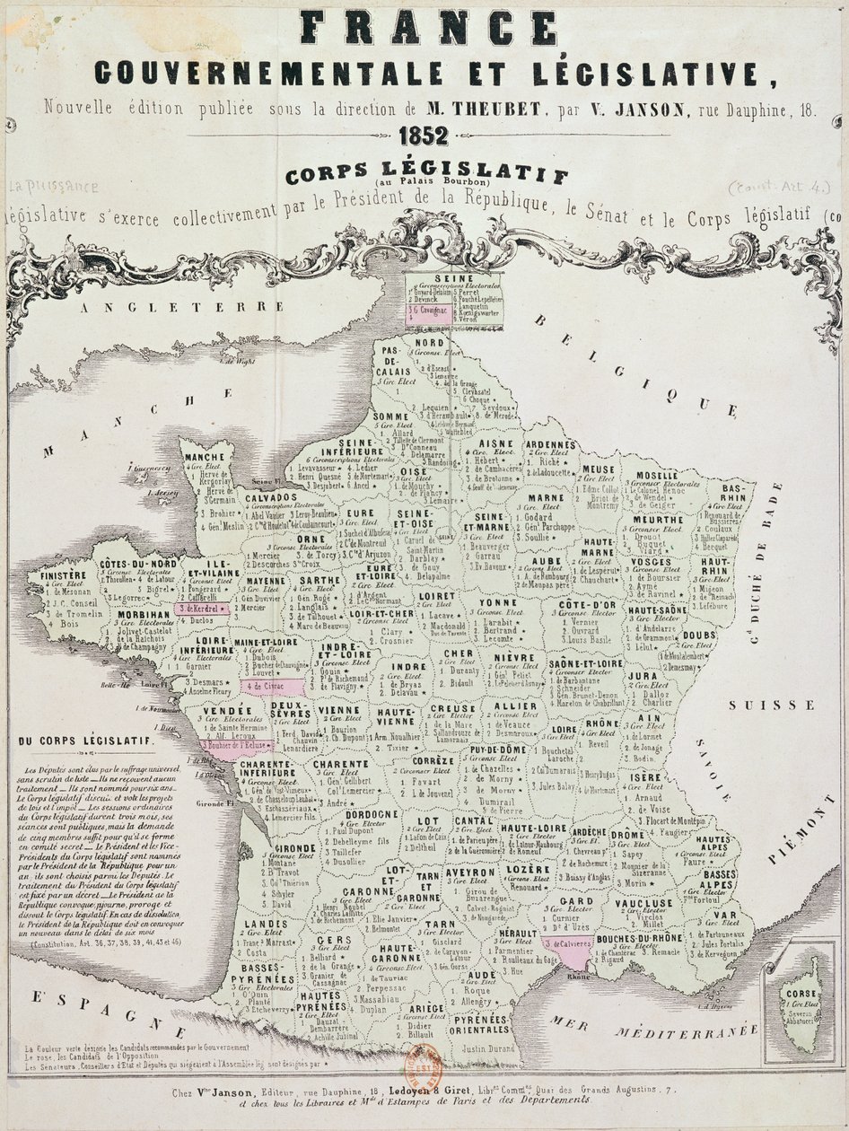 Mappa governativa e legislativa della Francia, stampata da Ledoyen e Giret, Parigi, 1852 da French School