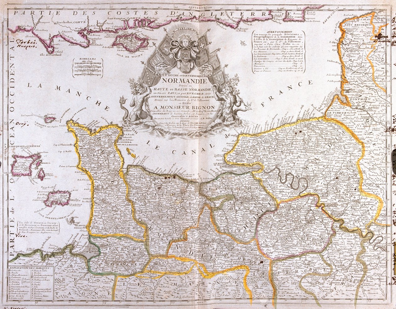 Mappa della Normandia, 1694, dal Le Theatre du Monde, di Jean-Baptiste Nolin, pubblicata nel 1717 da French School