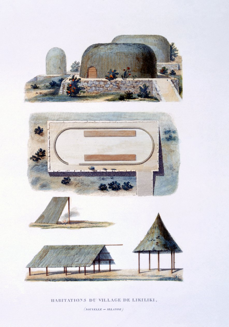 Abitazioni nel villaggio di Likiliki, Nuova Irlanda, 1826 da French School