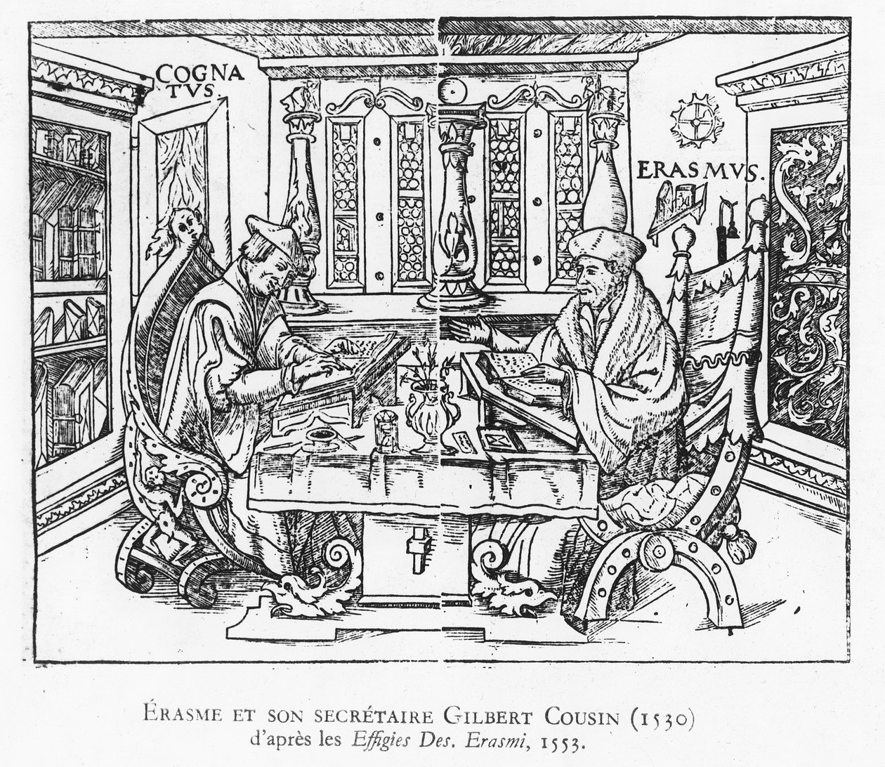 Erasmo e il suo segretario Gilbert Cousin (xilografia) da French School