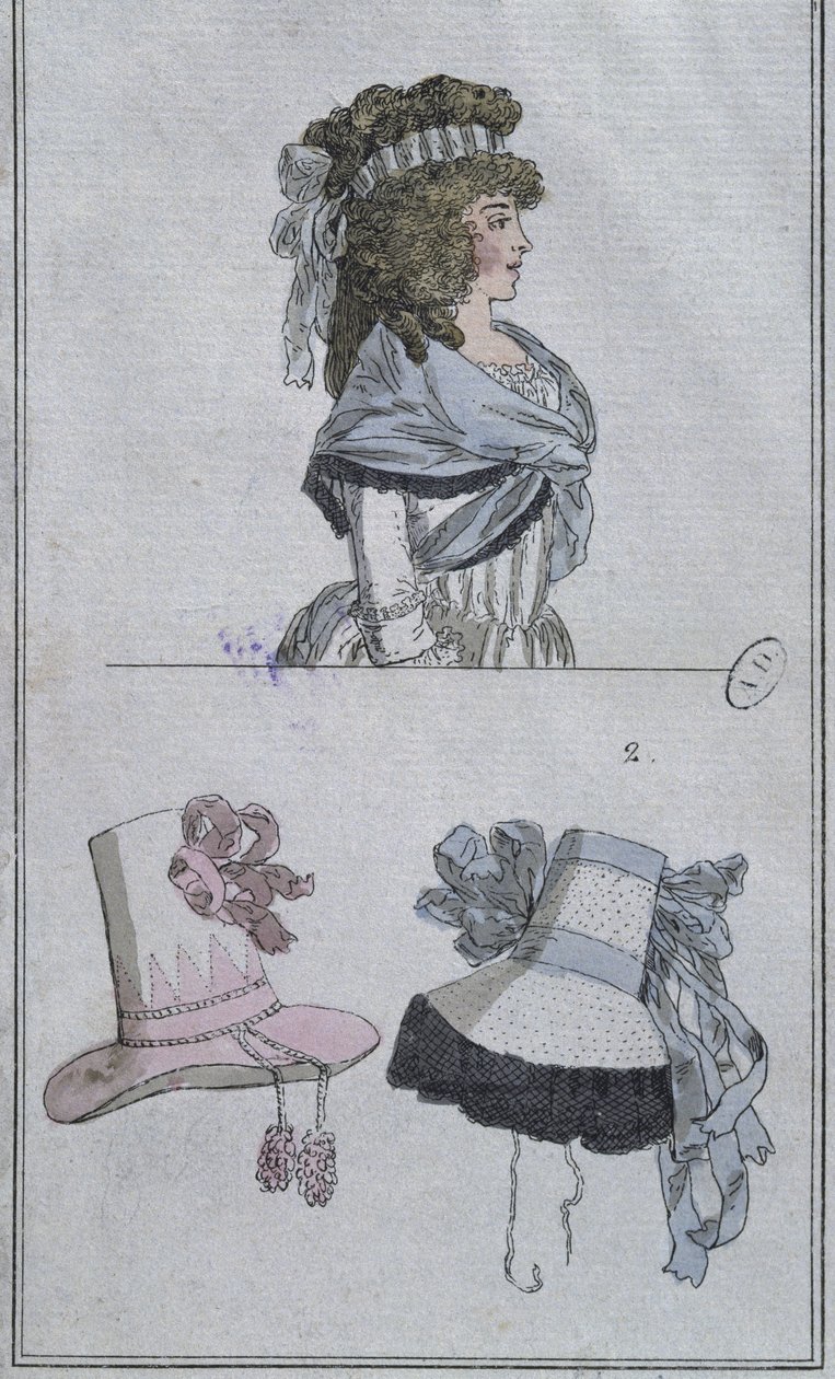 Acconciature e cappelli (incisione a colori) da French School