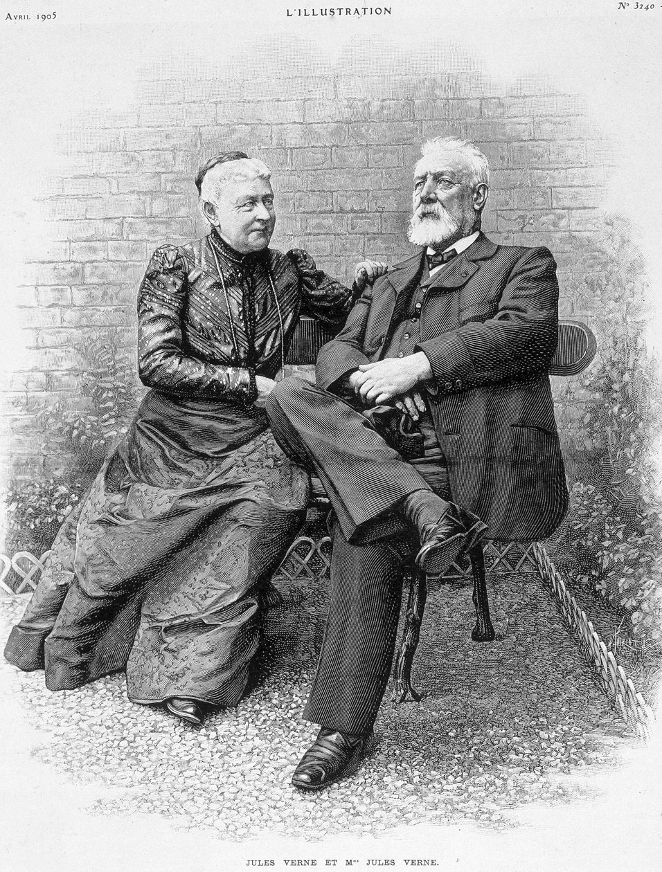 Jules Verne e sua moglie - incisione da French School