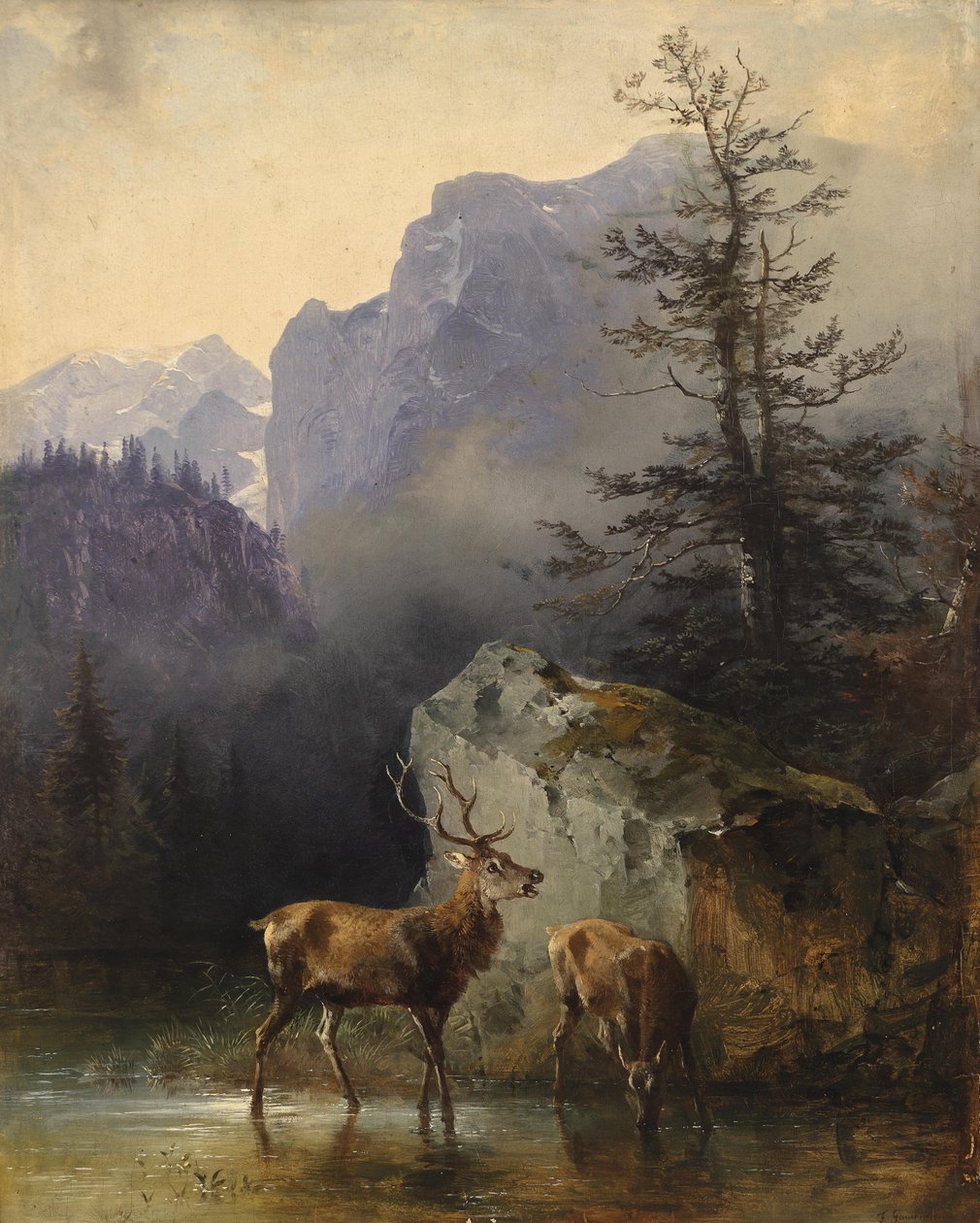 Cervo e animale alla fonte da Friedrich Gauermann