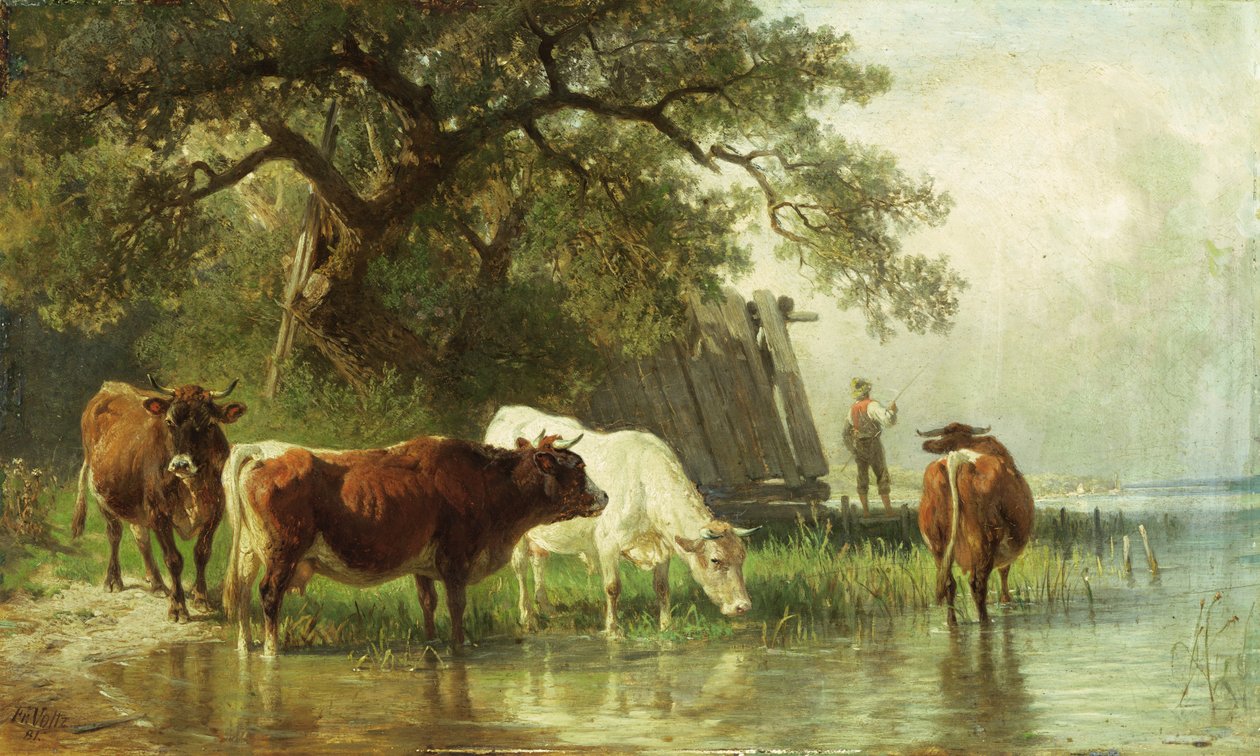 Bovini che si abbeverano in un paesaggio fluviale, XIX secolo da Friedrich Johann Voltz