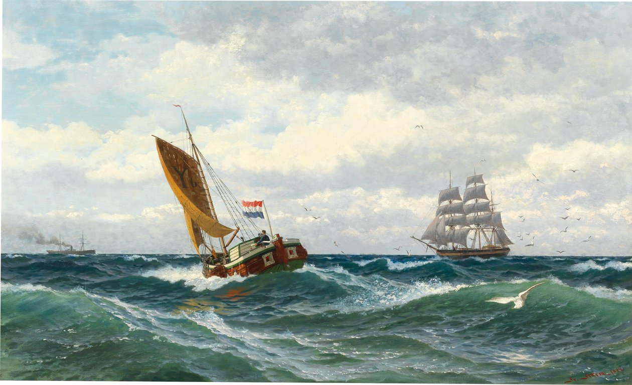 Barche da pesca che si incontrano in alto mare da Friedrich Ludwig Christian Sturm