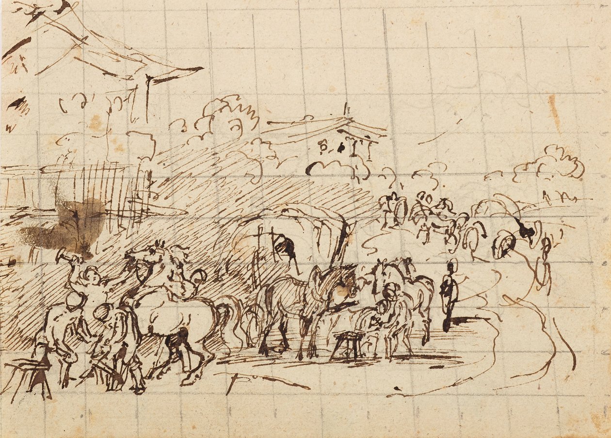 Cavalli davanti a una fucina da Friedrich August Mathias Gauermann