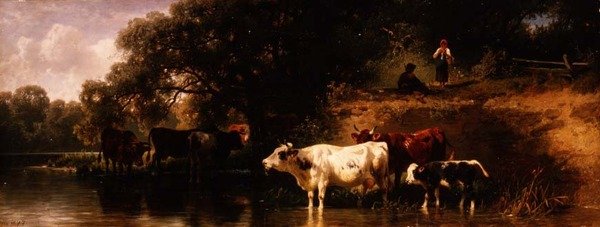 Bovini che si abbeverano in un paesaggio boscoso da Friedrich Johann Voltz