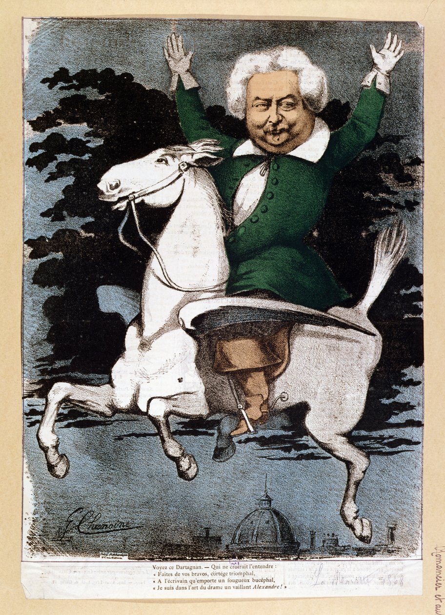Caricatura di Alexandre Dumas padre (1803-70) come un moschettiere, illustrazione da La Marotte, 1868 da G. Chanoine