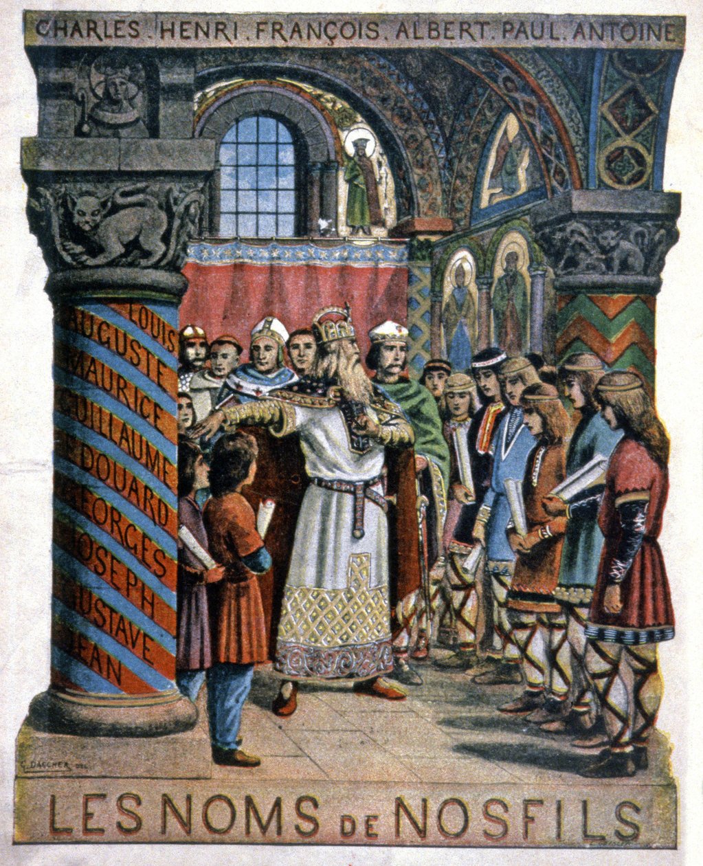 Carlo Magno e la scuola, c.1900 (illustrazione) da G. Dascher