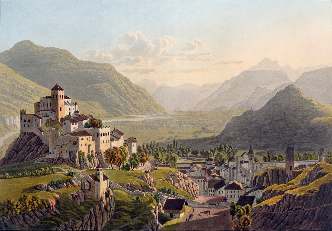Veduta di Sion, illustrazione da Voyage Pittoresque de Geneve a Milan, pubblicato a Basilea, 1819 da Mathias Gabriel Lory