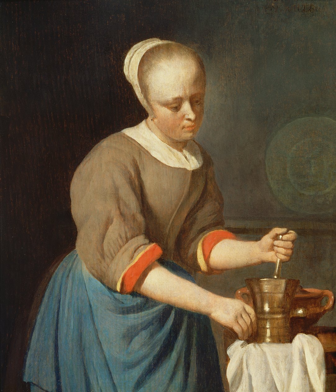 Giovane ragazza con pestello e mortaio da Gabriel Metsu