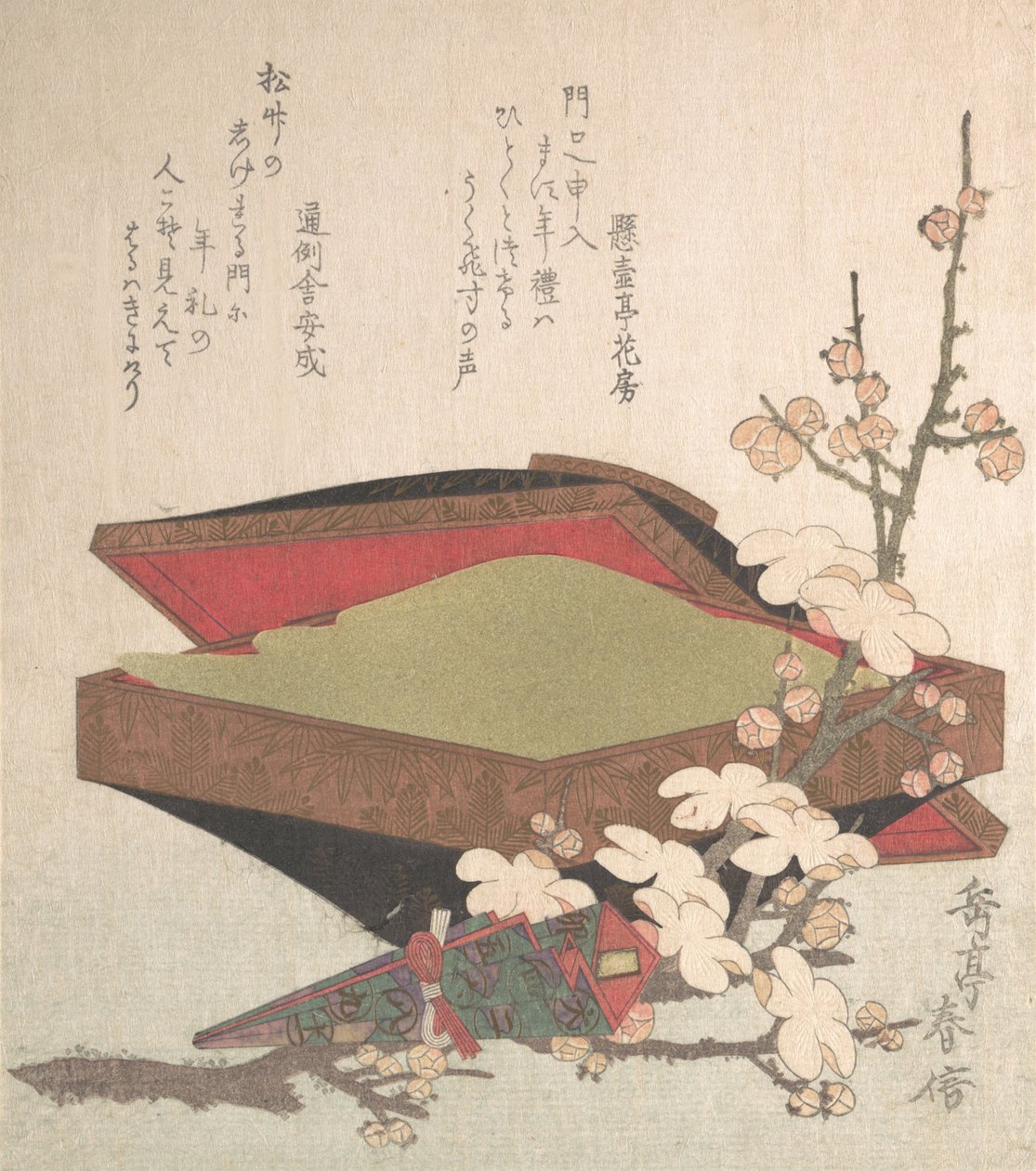 Fiori di pruno e scatola di dolci, 1819 da Gakutei