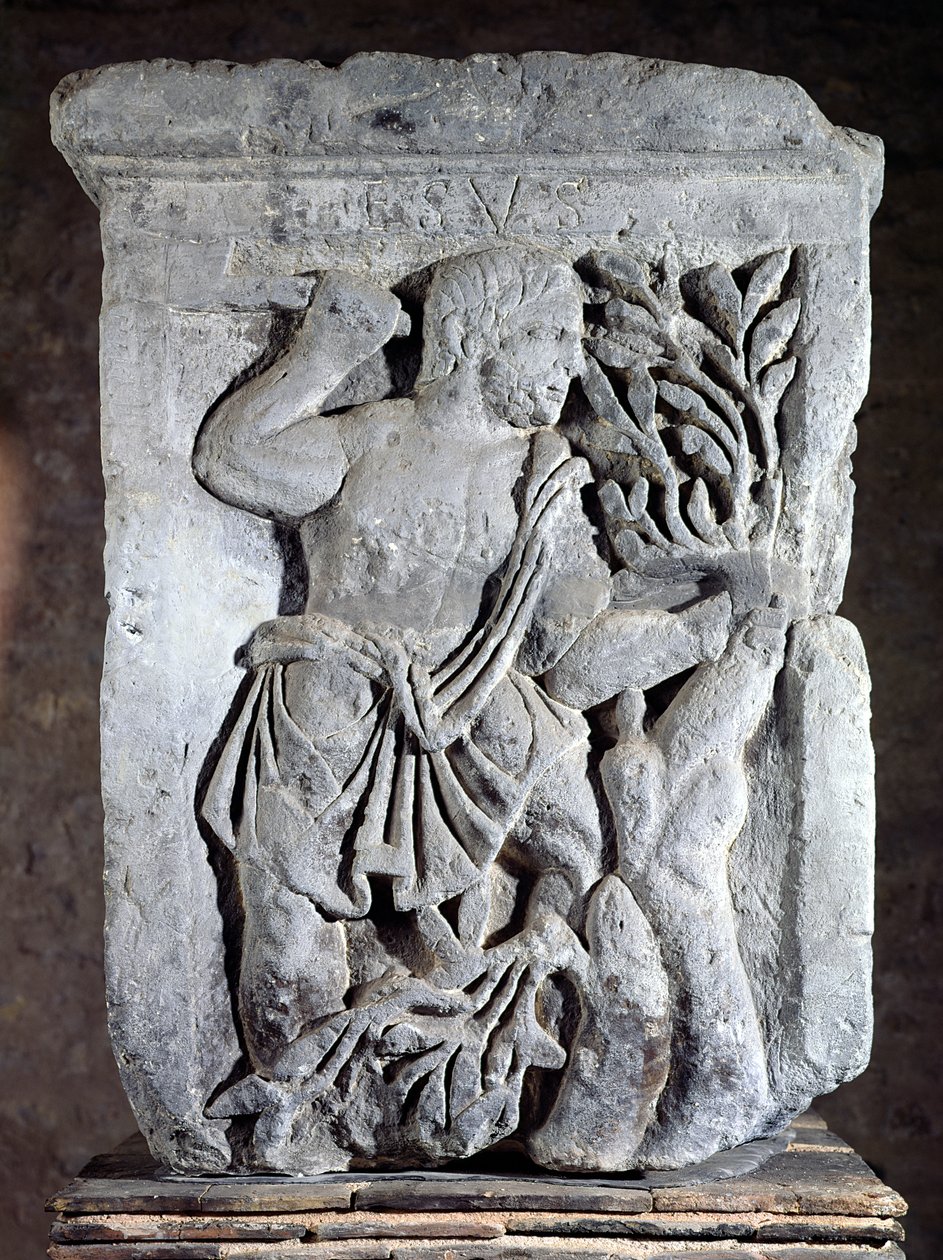 Capitale del Pilastro dei Nautes che raffigura Esus che taglia il vischio, 14-37 d.C. da Gallo Roman