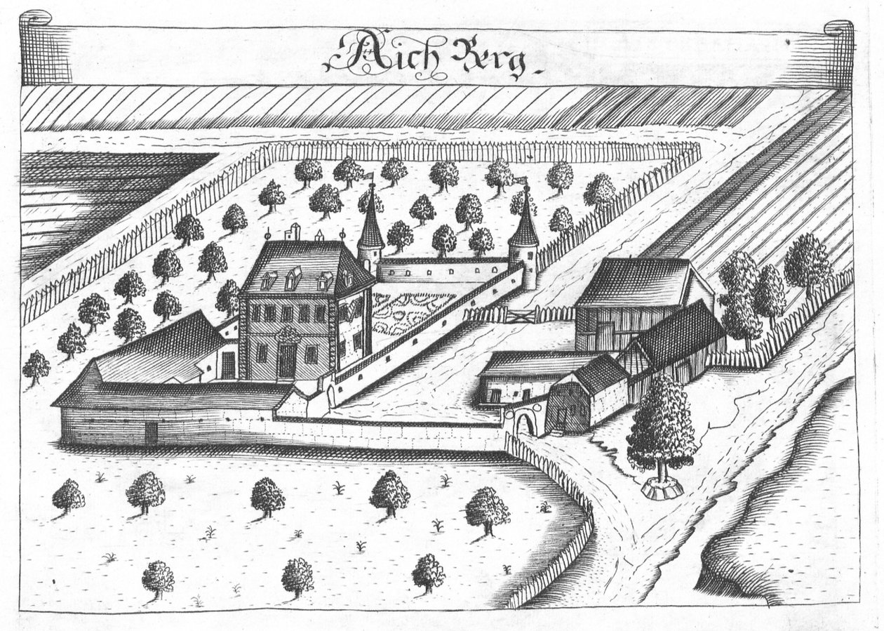 Incisione, veduta del castello di Aichberg, Alta Austria da Georg Matthaus Vischer