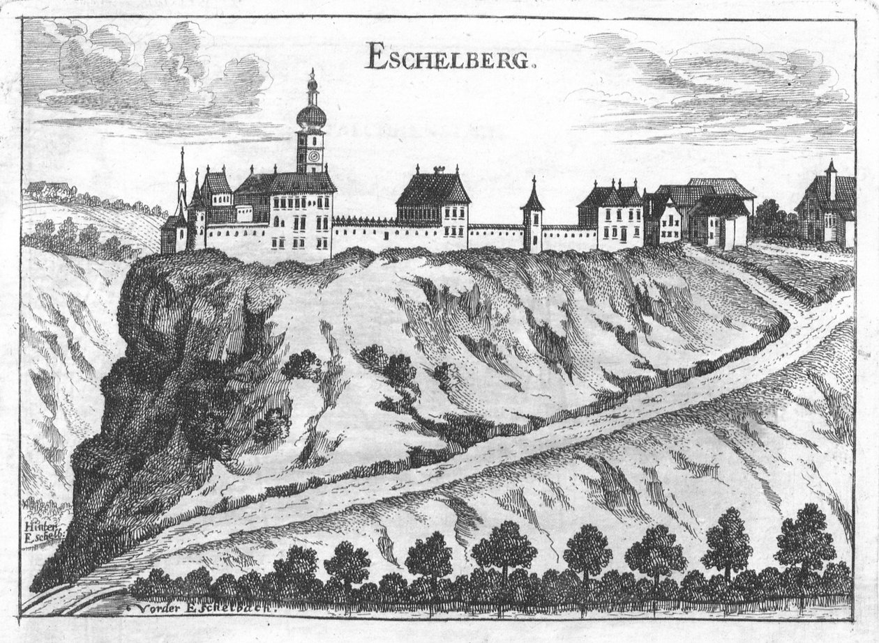 Incisione, veduta del castello di Eschelberg da Georg Matthäus  Vischer