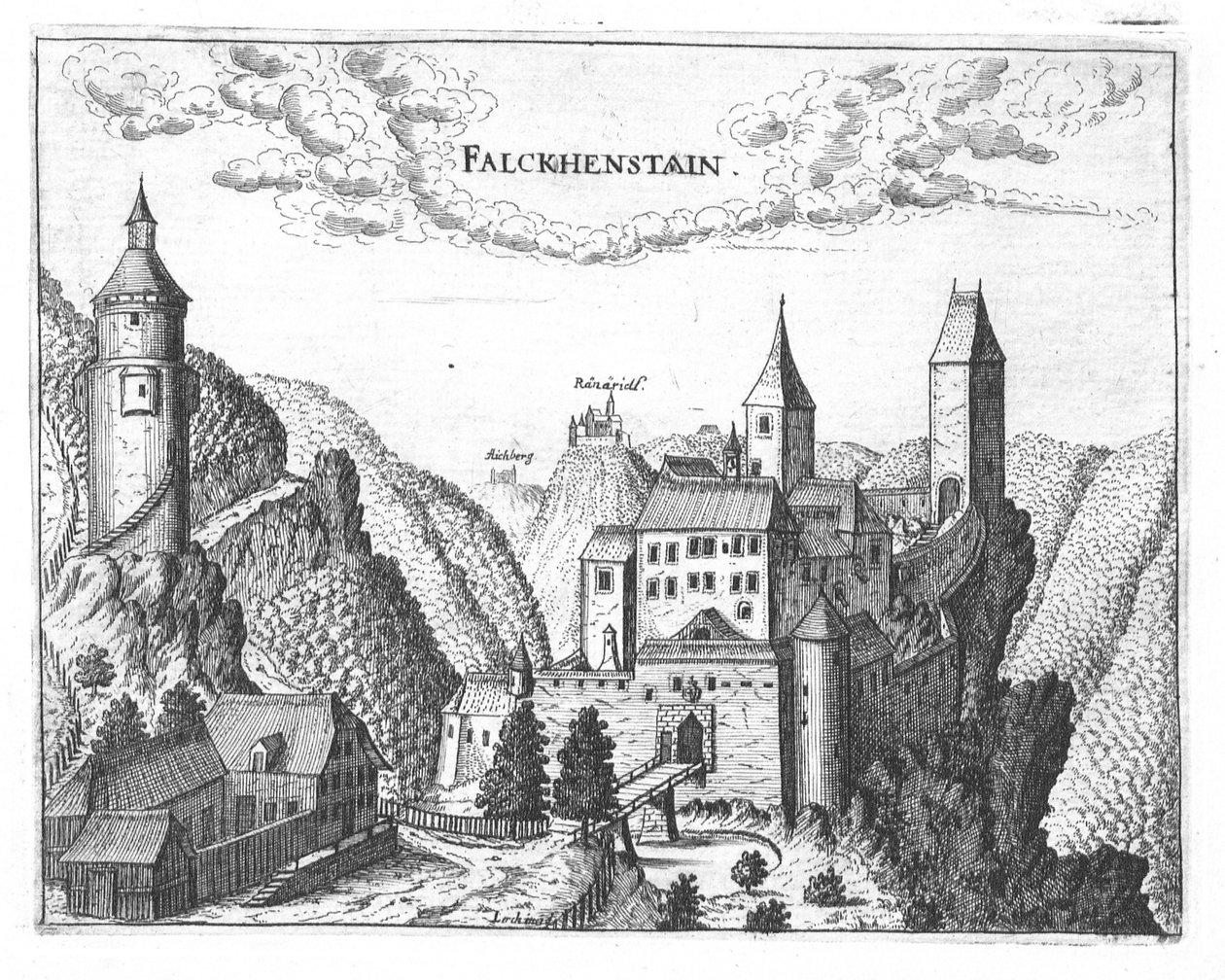 Incisione, veduta del castello di Falkenstein, Alta Austria da Georg Matthaus Vischer