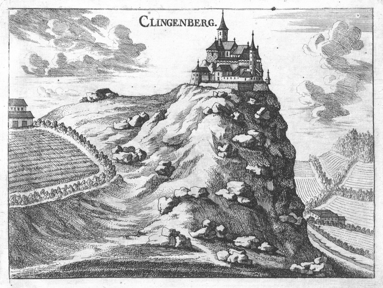 Incisione, veduta del castello di Klingenberg, Alta Austria da Georg Matthaus Vischer