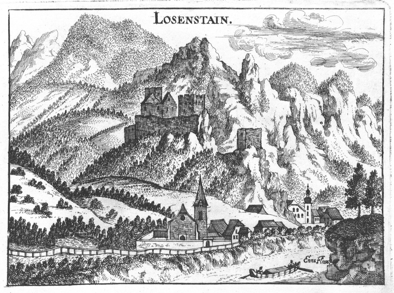 Incisione, vista del castello di Losenstein, Alta Austria da Georg Matthaus Vischer