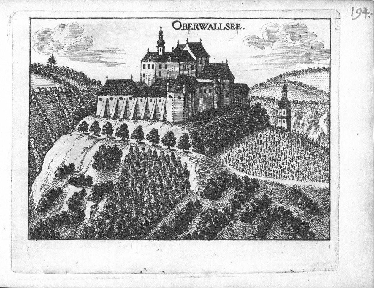 Incisione, veduta del castello di Oberwallsee, Alta Austria da Georg Matthaus Vischer
